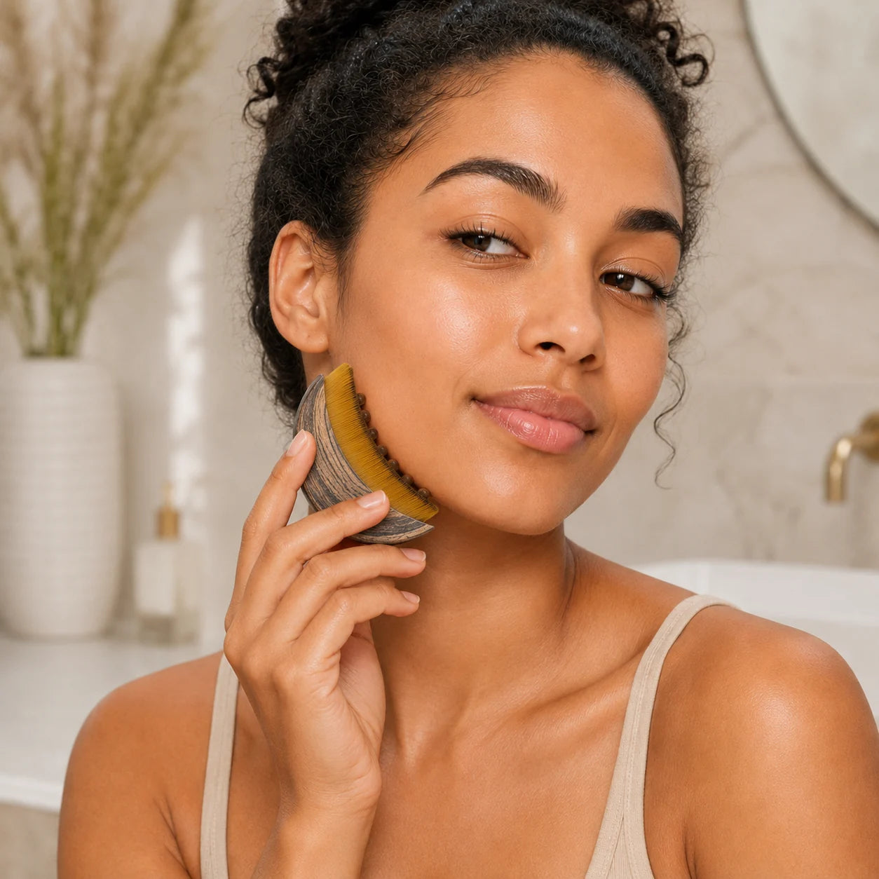Femme passant la Brush Yunaiko sur le bas de la joue, près de l'oreille